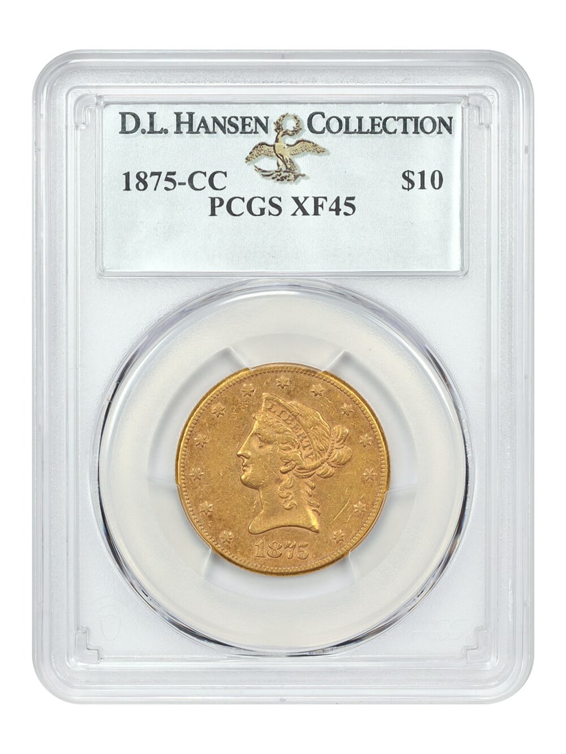 1875-CC $10 Liberty Head Gold Coin PCGS XF45 Key Date: 1875-CC $10 Liberty Head Gold Coin PCGS XF45 Key Date This 1875-CC $10 Liberty Head coin certified by PCGS as XF45 is a remarkable piece for collectors. Struck in Carson City, this gold coin is part o