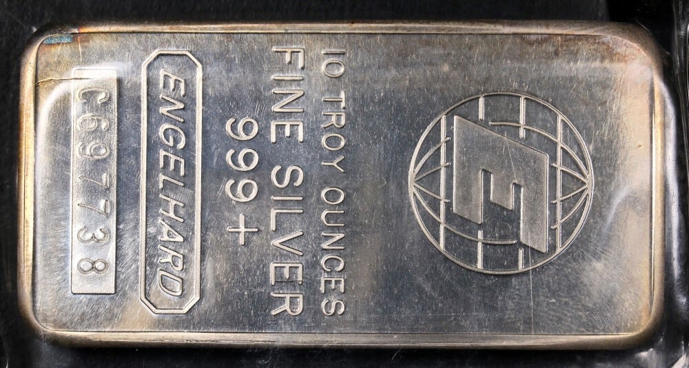 Engelhard 10 oz Struck Silver Bar Big E Globe Design 999 Fine (1 of 2)