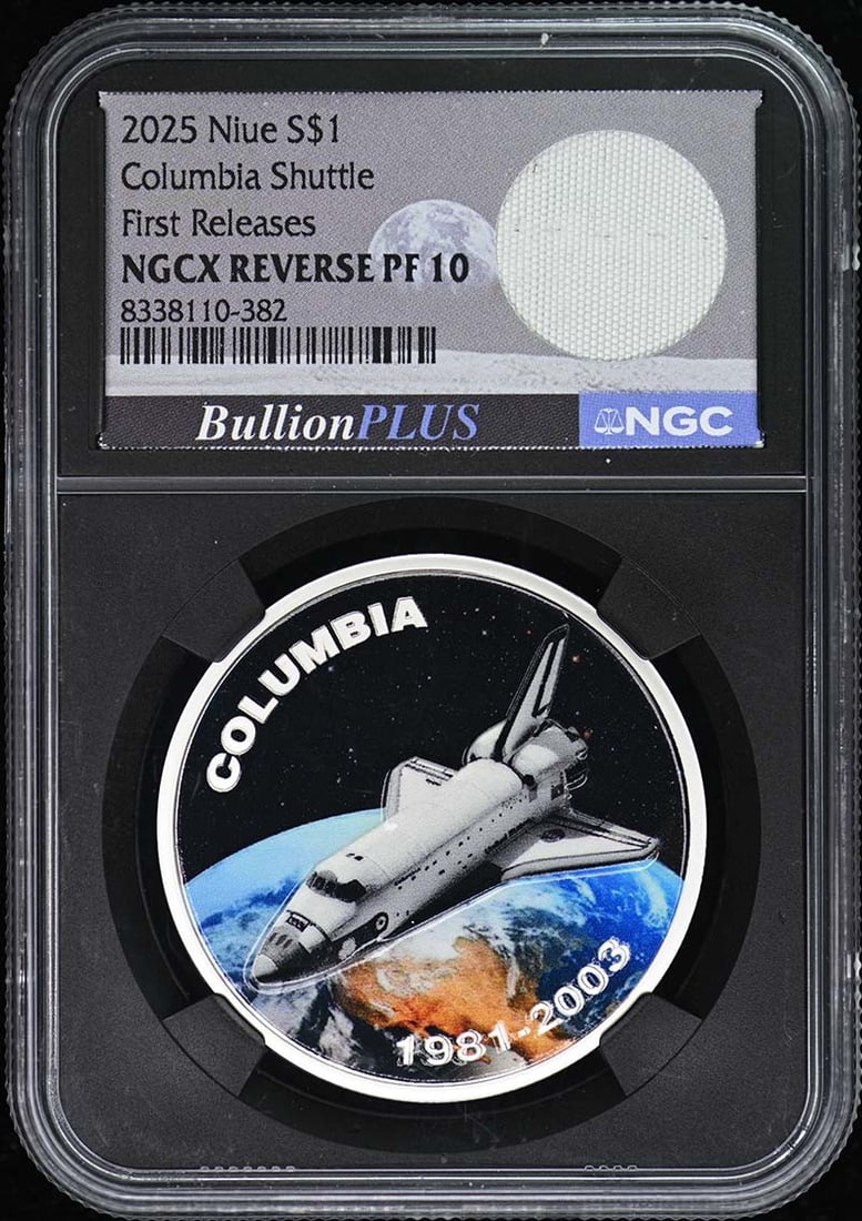 2025 Niue S$1 Columbia Shuttle NGC Certified Coin: 2025 Niue S$1 Columbia Shuttle NGC Certified Coin This 2025 Niue S$1 Columbia Shuttle coin is a striking addition to any collection, featuring the unique design commemorating the Columbia Shuttle. It
