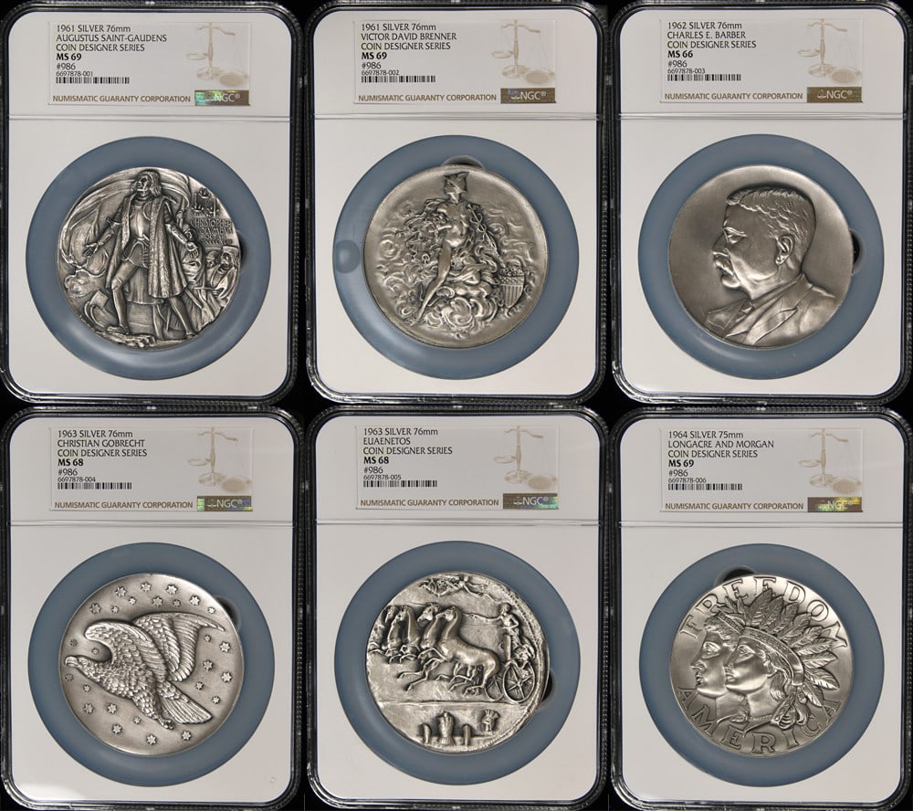 Metal Arts Designer Series 6 Silver Medal Set NGC MS69 Matching Serial #986: Metal Arts Designer Series 6 Silver Medal Set NGC MS69 Matching Serial #986 This exquisite Metal Arts Coin Designer Series 6 Silver Medal Set features a total of six uncirculated silver medals, each g