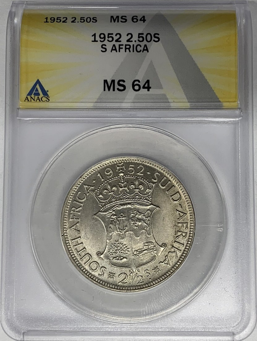 1952 South Africa 2.50 Shilling Silver Coin ANACS MS 64: 1952 South Africa 2.50 Shilling Silver Coin ANACS MS 64 This 1952 South Africa 2.50 Shilling coin is a stunning piece for any collector. Struck in silver, this coin showcases a high-grade of MS 64, ce