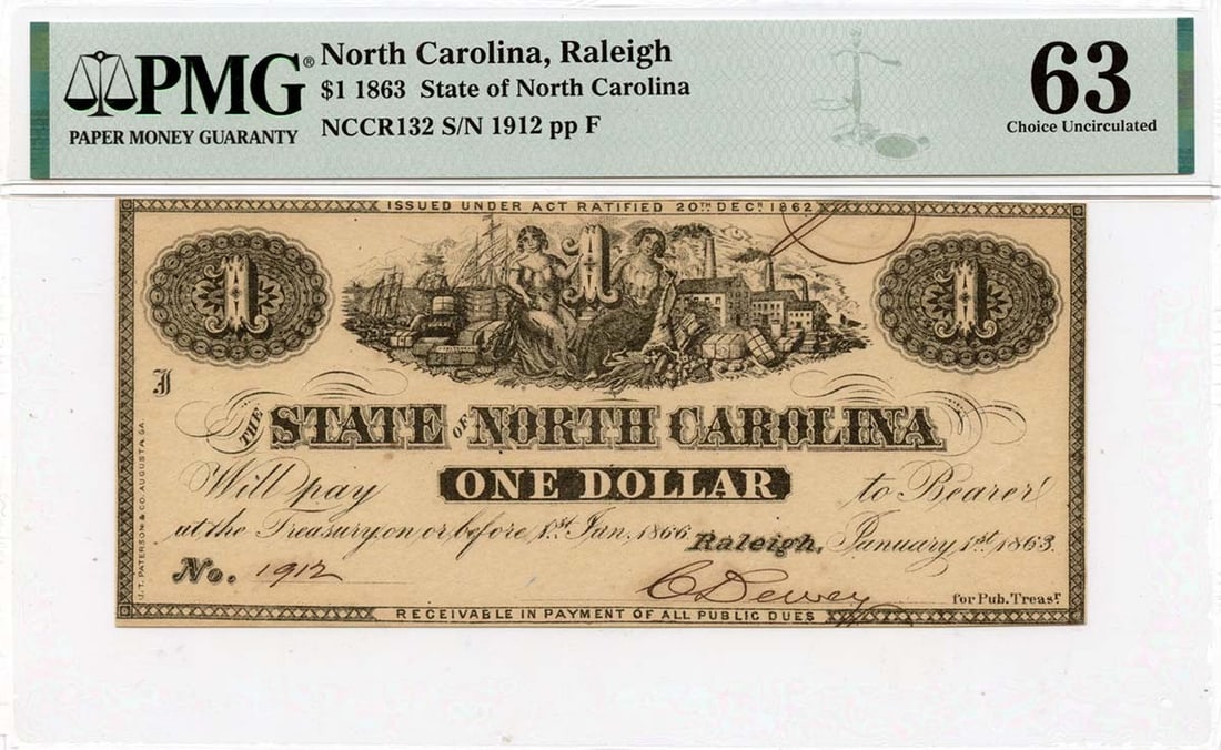 1863 $1 North Carolina Obsolete Note PMG CU63 CR132 (1 of 2)