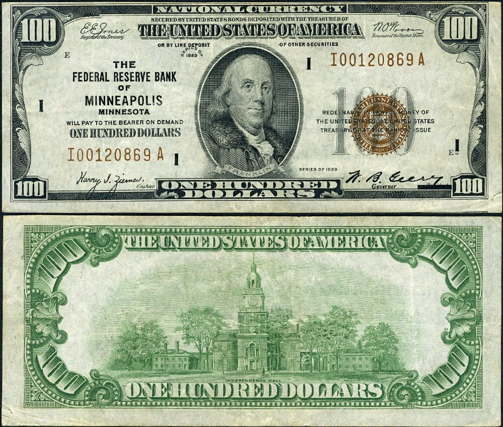 1929 $100 Federal Reserve Note Minneapolis I-A Block XF (1 of 3)