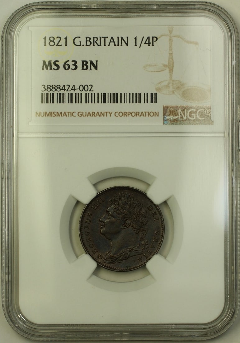 1821 Great Britain 1/4 Pence Farthing Coin NGC MS 63 Brown (1 of 2)