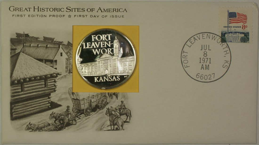 1971 Kansas Historic Site Medal Proof Silver Uncirculated: 1971 Kansas Historic Site Medal Proof Silver Uncirculated This 1971 Kansas Great Historic Site Medal Proof Silver First Day Cover is a remarkable collectible from the United States. Crafted from high-