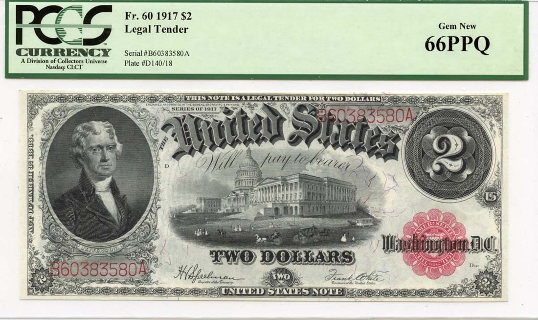 1917 Two Dollar Legal Tender Note PCGS Gem 66 PPQ Certified (1 of 2)