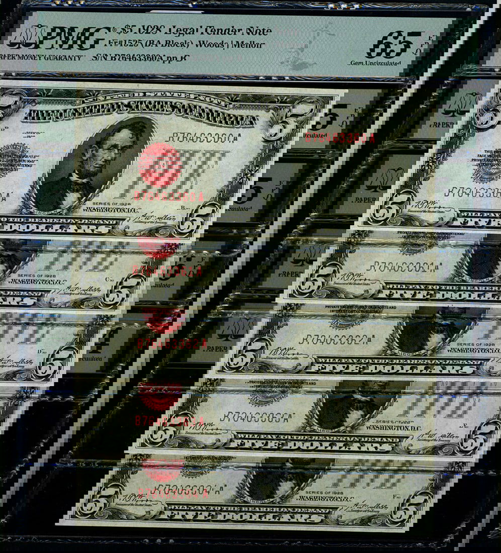 1928 $5 Legal Tender Gem PMG CU64 EPQ 5 Consecutive Notes (1 of 2)