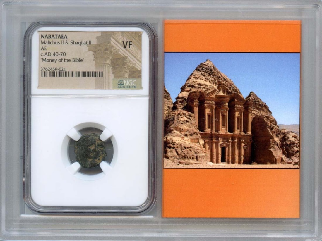 Nabataean Coin Mallchus Shaqilat II AE NGC VF20 Ancient Greek: Nabataean Coin Mallchus Shaqilat II AE NGC VF20 Ancient Greek This ancient coin from the Nabataea region, dating between AD 40-70, features the rulers Mallchus and Shaqilat II. Certified by NGC with a