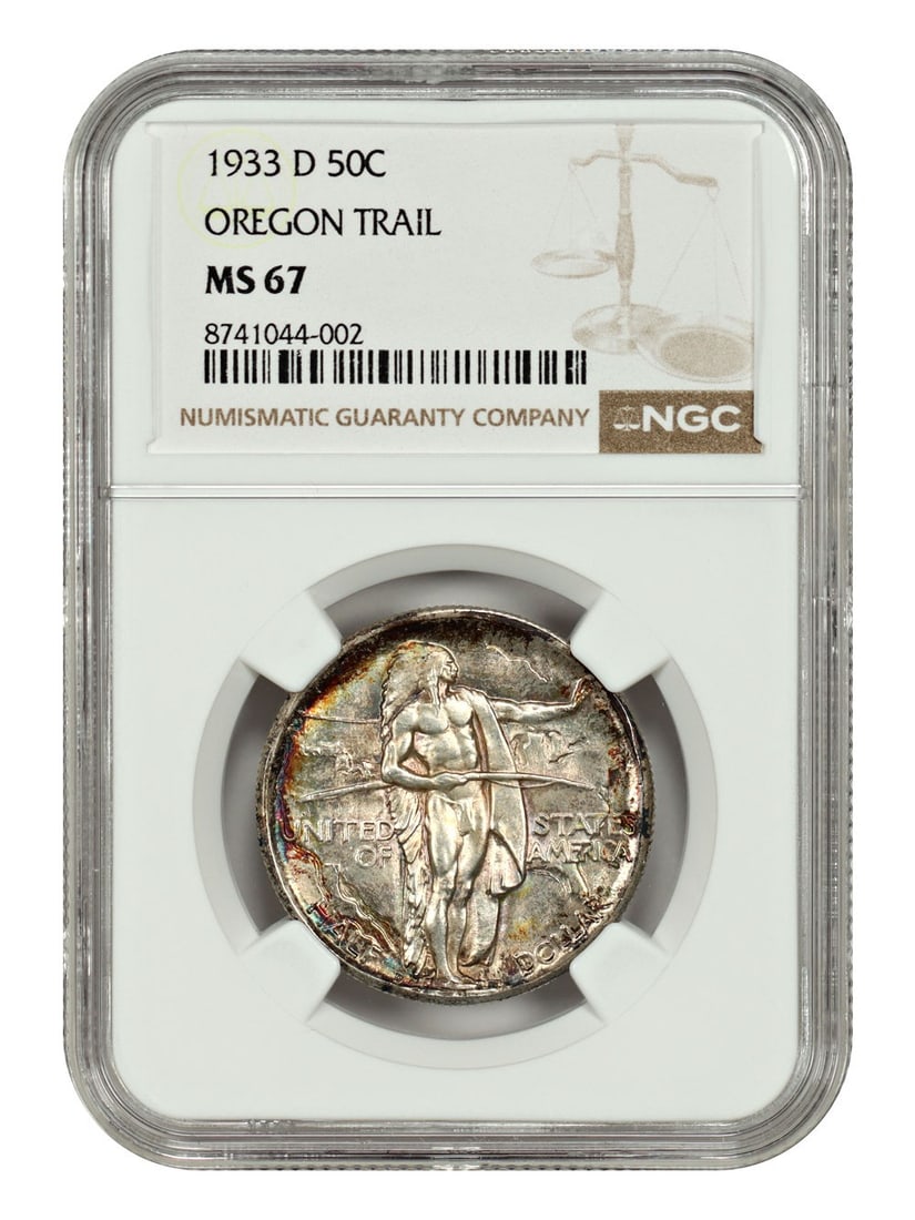 1933-D Oregon Half Dollar NGC MS67 Silver Commemorative Low Mintage Coin: 1933-D Oregon Half Dollar NGC MS67 Silver Commemorative Low Mintage Coin This 1933-D Oregon 50-cent piece is a classic silver commemorative coin from the Denver Mint. Certified by NGC with a grade of