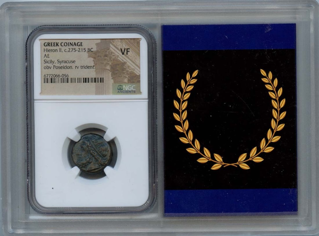 Hieron II Ancient Greek Coin NGC Certified VF20 Syracuse: Hieron II Ancient Greek Coin NGC Certified VF20 Syracuse This ancient Greek coin, issued during the reign of Hieron II in Syracuse, Sicily, dates back to approximately 275-215 BC. It has been certifie