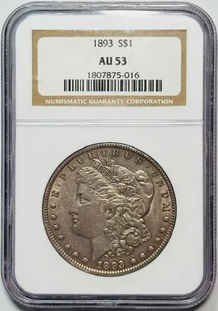 NGC AU 53 graded 1893 US Morgan silver dollar coin (1 of 2)