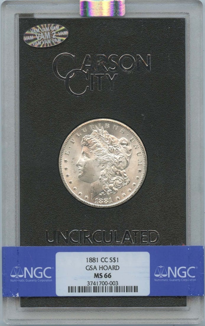 1881-CC Morgan Dollar GSA Hoard NGC MS66 Uncirculated: 1881-CC Morgan Dollar GSA Hoard NGC MS66 Uncirculated Discover a stunning 1881-CC Morgan Dollar, a highly sought-after coin from the Carson City mint, certified by NGC with a remarkable grade of MS66.