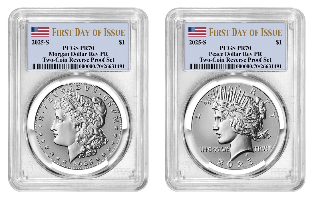 2025-S PR70 Reverse Proof Morgan Peace Silver Dollar FDOI 2 Coin Set PCGS (1 of 2)