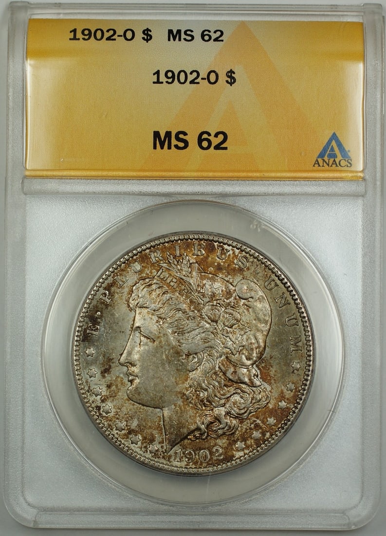1902-O Morgan Silver Dollar Coin ANACS MS62 Toned Uncirculated: 1902-O Morgan Silver Dollar Coin ANACS MS62 Toned Uncirculated This 1902-O Morgan Silver Dollar Coin is certified by ANACS with a grade of MS 62. Struck in silver at the New Orleans mint, this uncircu