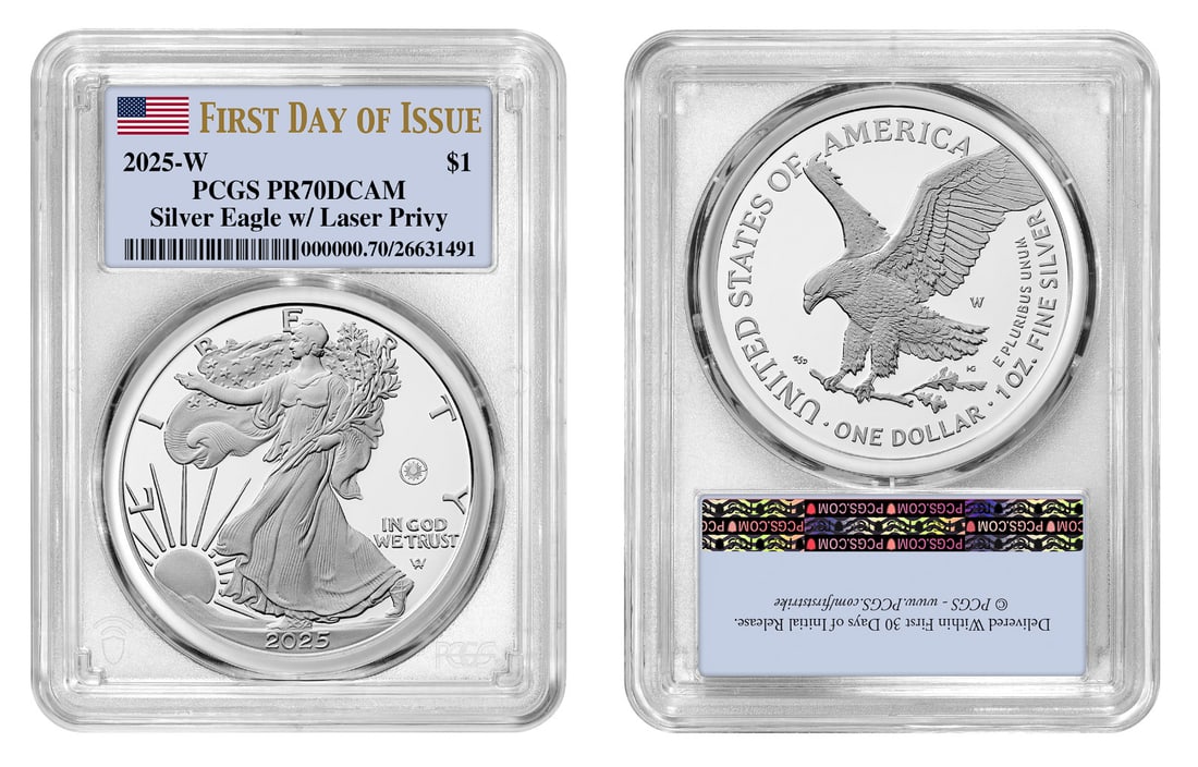 2025 American Silver Eagle PR70 Laser Engraved Proof $1 PCGS FDOI (1 of 1)