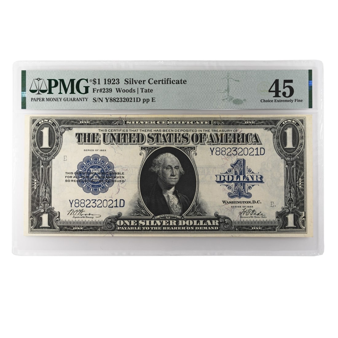 1923 $1 Silver Certificate PMG XF 45 Blue Seal Choice: 1923 $1 Silver Certificate PMG XF 45 Blue Seal Choice This 1923 $1 Silver Certificate is a remarkable piece of currency history, graded Choice Extremely Fine (PMG XF 45). It features the notable blue