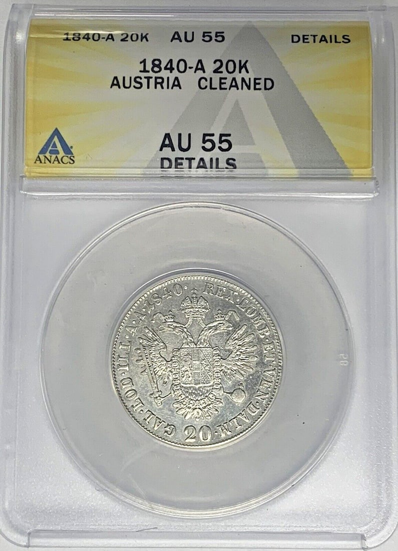 1840-A Austria 20 Kreutzer Silver Coin ANACS 55 Cleaned Details (1 of 2)
