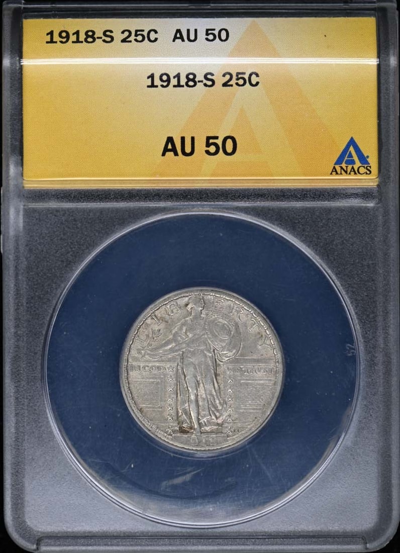 1918-S Standing Liberty Quarter 25C ANACS AU50 Certified: 1918-S Standing Liberty Quarter 25C ANACS AU50 Certified This 1918-S Standing Liberty Quarter is certified by CACG with the grade of AU50, indicating a high level of preservation. Minted in San Franci