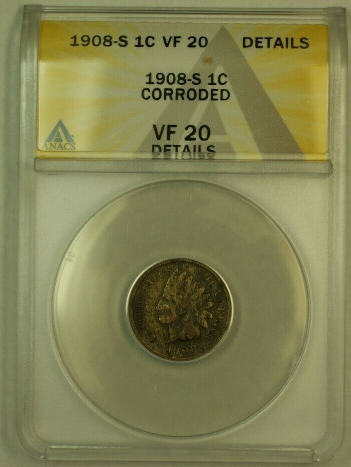 1908-S Indian Head Cent Penny ANACS VF-20 San Francisco Copper: 1908-S Indian Head Cent Penny ANACS VF-20 San Francisco Copper This 1908-S Indian Head Cent Penny is a significant collectible from the San Francisco mint. Certified by ANACS with a grade of VF-20, it