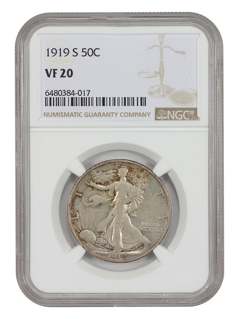 1919-S Walking Liberty Half Dollar NGC VF20 Scarce Coin: 1919-S Walking Liberty Half Dollar NGC VF20 Scarce Coin This 1919-S Walking Liberty Half Dollar is a scarce early example, graded NGC VF20. It features a denomination of 50C and was minted in San Fran