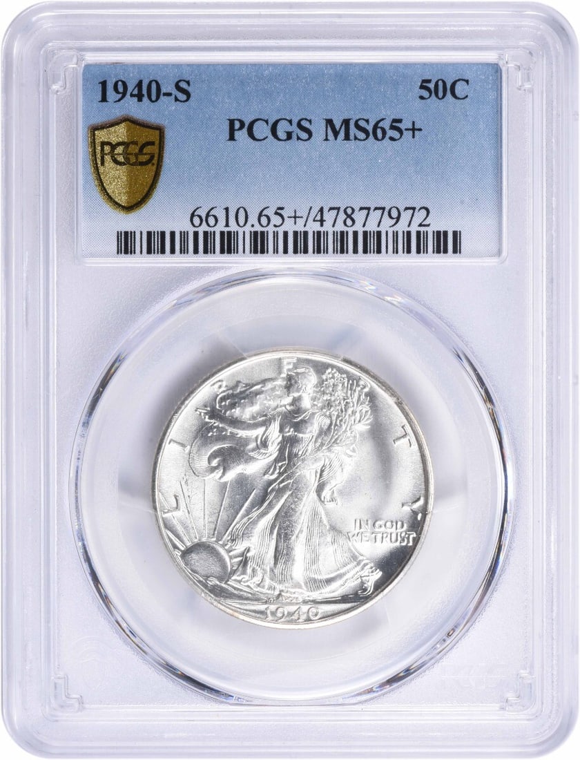 1940-S Walking Liberty Half Dollar MS65+ PCGS Uncirculated Silver Coin: 1940-S Walking Liberty Half Dollar MS65+ PCGS Uncirculated Silver Coin This 1940-S Walking Liberty Silver Half Dollar is graded MS65+ by PCGS, showcasing its high quality in uncirculated condition. Mi