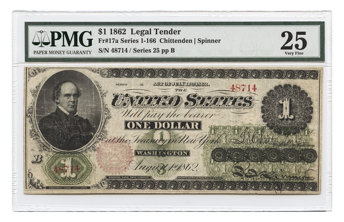 1862 $1 Legal Tender PMG VF25 Large Size Chittenden Spinner (1 of 2)