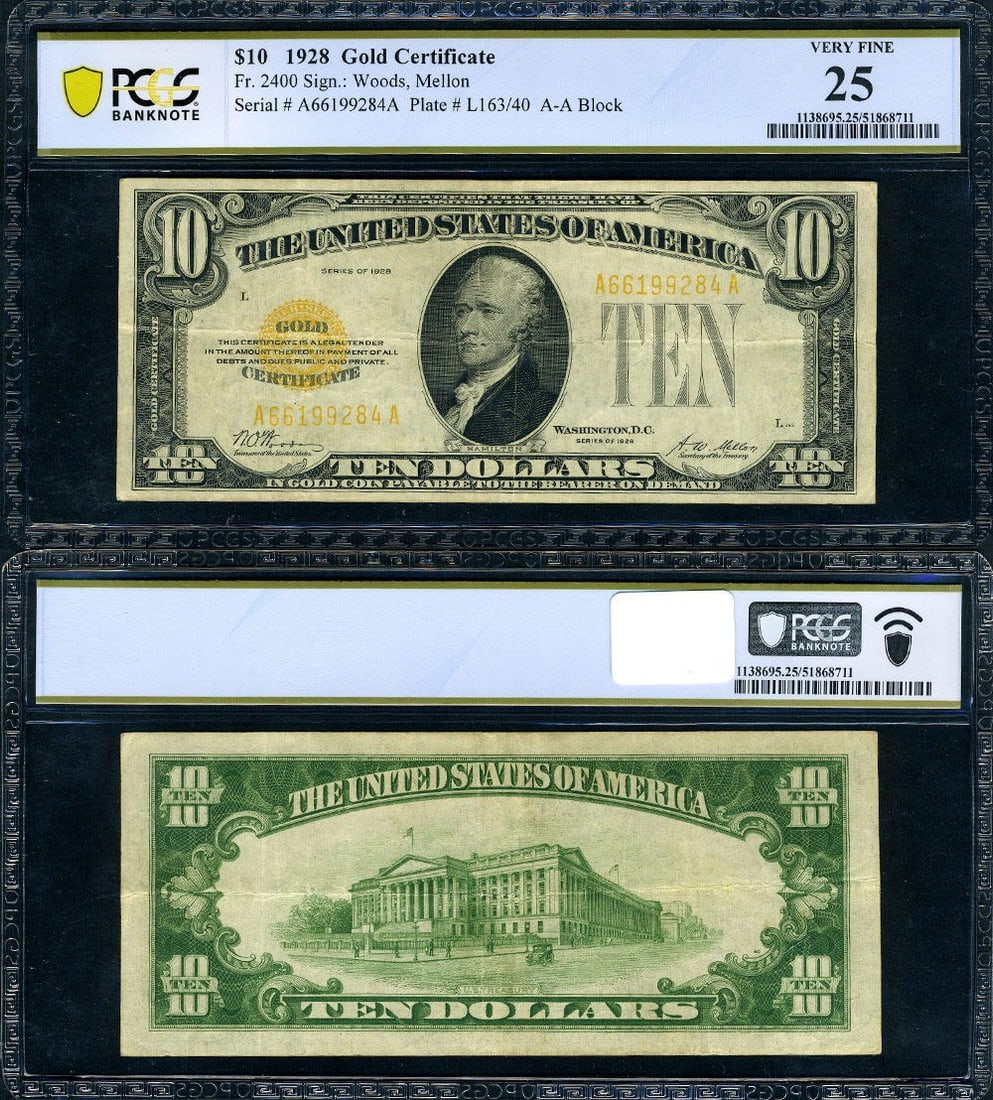 1928 $10 Gold Certificate FR. 2400 A-A Block PCGS VF25 (1 of 3)