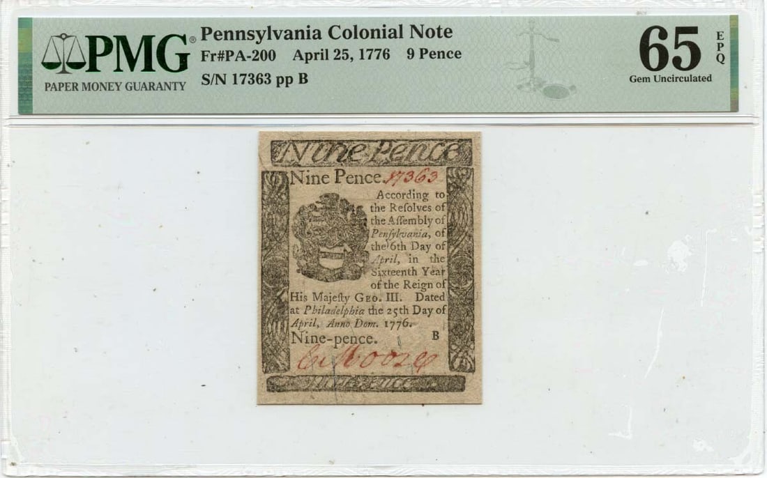 1776 Pennsylvania Colonial Note 9d PMG GEM 65 EPQ Type PA-200 (1 of 2)