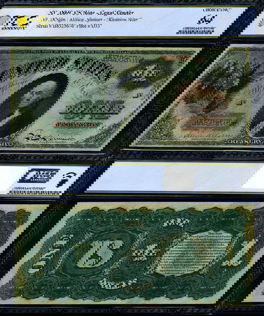 1869 $1 Legal Tender Note PCGS Choice CU64 Rainbow Quality (1 of 3)