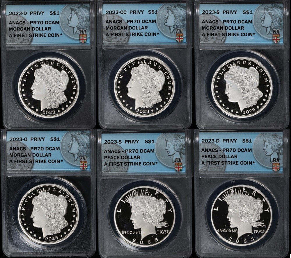 Six-Piece Fiji 2023 Morgan and Peace Dollar Privy Proof Set ANACS PF70 (1 of 13)