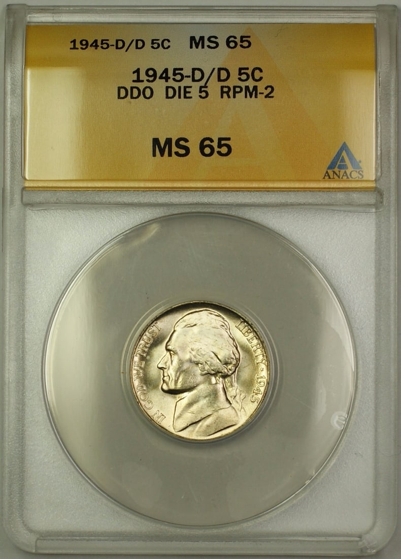 1945-D/D RPM-2 DDO Wartime Silver Jefferson Nickel ANACS MS-65: 1945-D/D RPM-2 DDO Wartime Silver Jefferson Nickel ANACS MS-65 This 1945-D/D RPM-2 DDO Wartime Silver Jefferson Nickel is a remarkable collectible for coin enthusiasts. Certified by ANACS, this uncirc