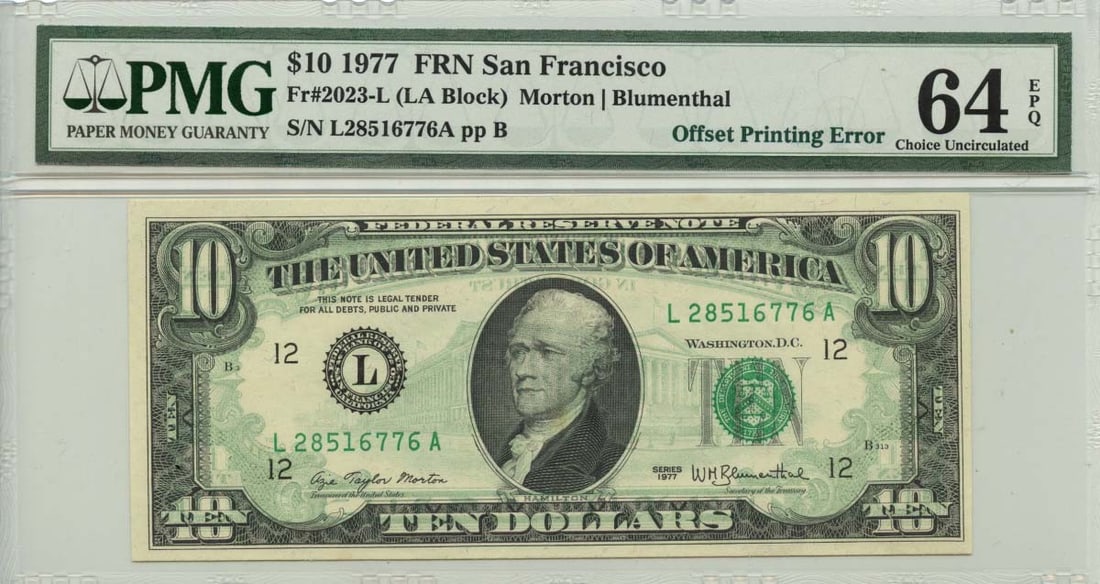1977 $10 FRN San Francisco Fr# 2023-L PMG MS64 Offset Print Error (1 of 2)
