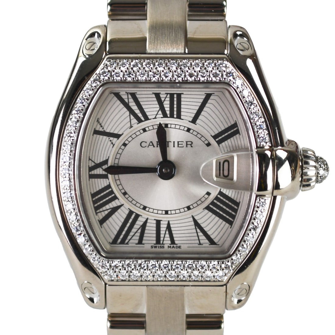 Cartier Roadster 18K White Gold Diamond Bezel Ladies Watch 2723: Cartier Roadster 18K White Gold Diamond Bezel Ladies Watch 2723 This exquisite 18K White Gold Cartier Roadster Ladies' Watch features a stunning diamond bezel and a sophisticated off-white dial. With