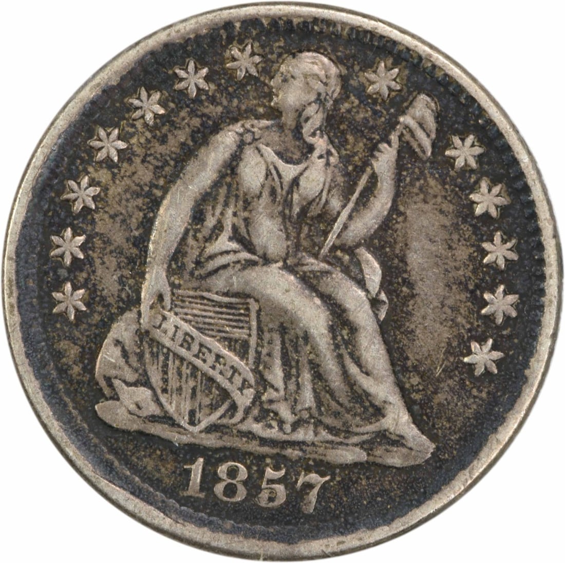 1857 Liberty Seated Half Dime 90% Silver EF Uncertified: 1857 Liberty Seated Half Dime 90% Silver EF Uncertified This 1857 Liberty Seated Silver Half Dime, minted in Philadelphia, is a classic piece of American numismatic history. Featuring a beautiful desi