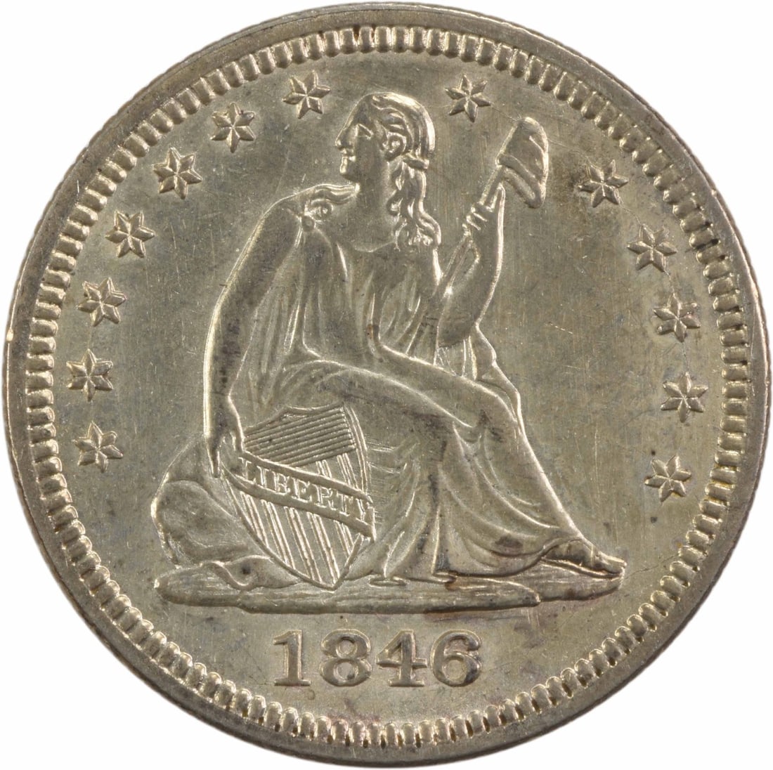 1846 Liberty Seated Quarter 25C Philadelphia AU Uncertified Silver: 1846 Liberty Seated Quarter 25C Philadelphia AU Uncertified Silver This 1846 Liberty Seated Quarter showcases a beautiful design by Robert Ball Hughes and Christian Gobrecht. The coin, minted in Phila