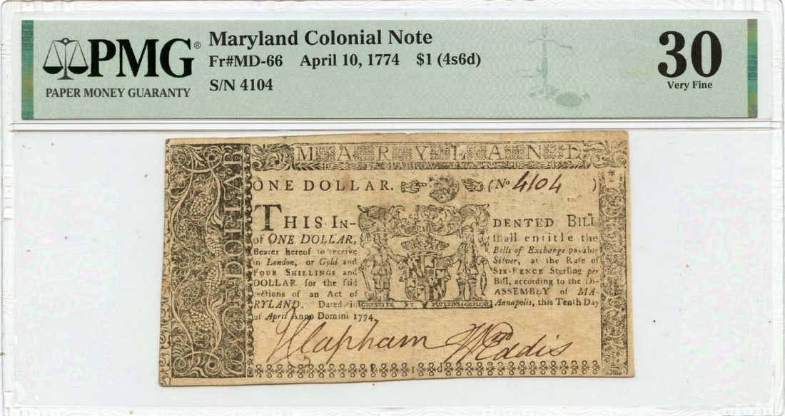 1774 Maryland Colonial Note $1 PMG VF30 MD-66 Certified (1 of 2)