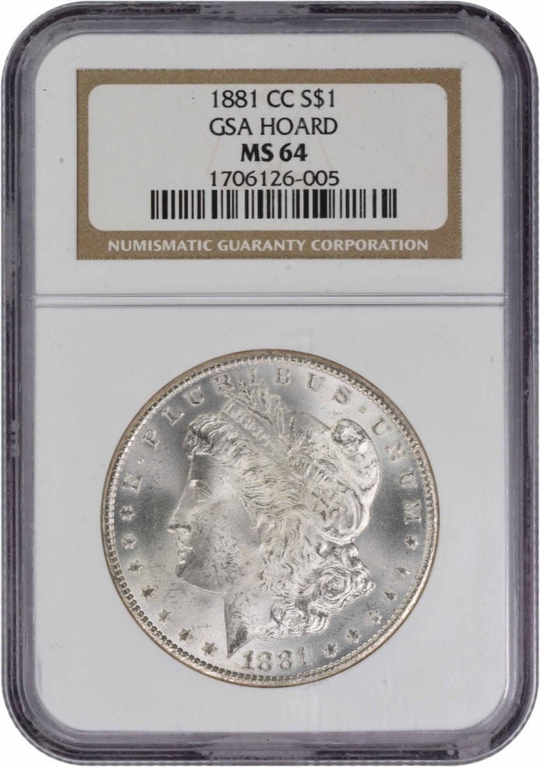Morgan Dollar 1881 Carson City MS64 NGC Certified 90 Percent Silver Coin: Morgan Dollar 1881 Carson City MS64 NGC Certified 90 Percent Silver Coin This 1881-CC Morgan Silver Dollar is an uncirculated coin professionally graded MS64 by NGC. Minted in Carson City, it is compo
