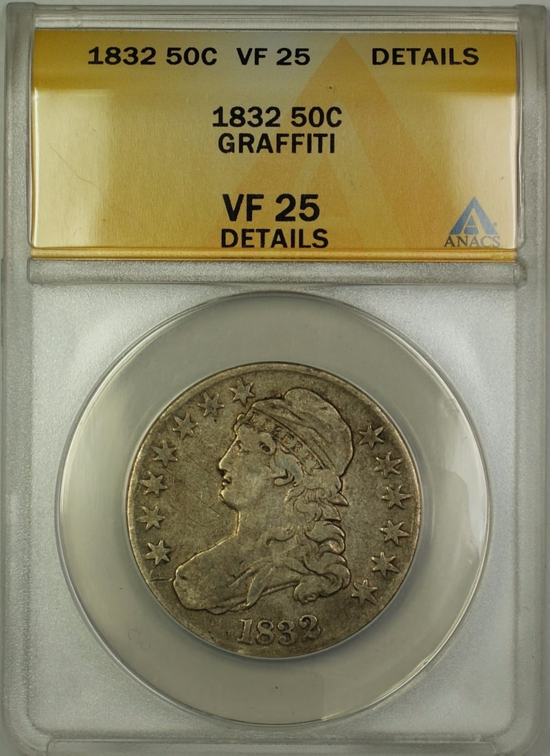 1832 Capped Bust Silver Half Dollar ANACS VF 25 Graffiti Coin (1 of 2)