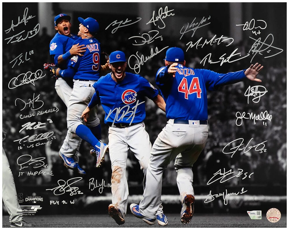 2016 Cubs Team Signed World Series Celebration 16x20 Photo with 25 Signatures: 2016 Cubs Team Signed World Series Celebration 16x20 Photo with 25 Signatures Celebrate the historic 2016 World Series Championship with this stunning 16x20 photo capturing the Chicago Cubs infielders