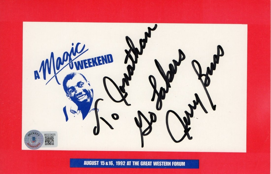 Jerry Buss Autographed Cut Signature Los Angeles Lakers Beckett Authenticated: Jerry Buss Autographed Cut Signature Los Angeles Lakers Beckett Authenticated This is an original cut signature piece signed by Jerry Buss, the former owner of the Los Angeles Lakers. The item is auth