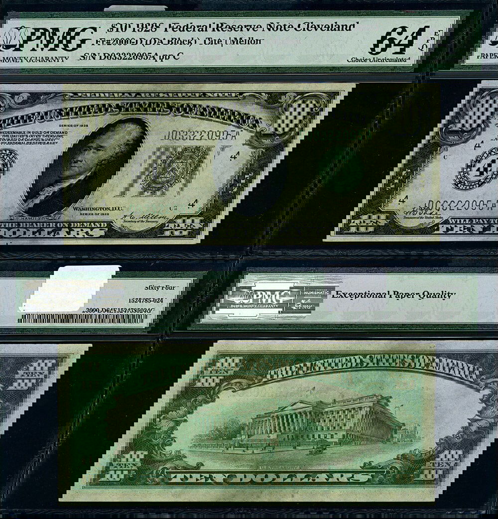 1928 $10 Federal Reserve Note Cleveland D-A Block PMG CU64 EPQ (1 of 3)