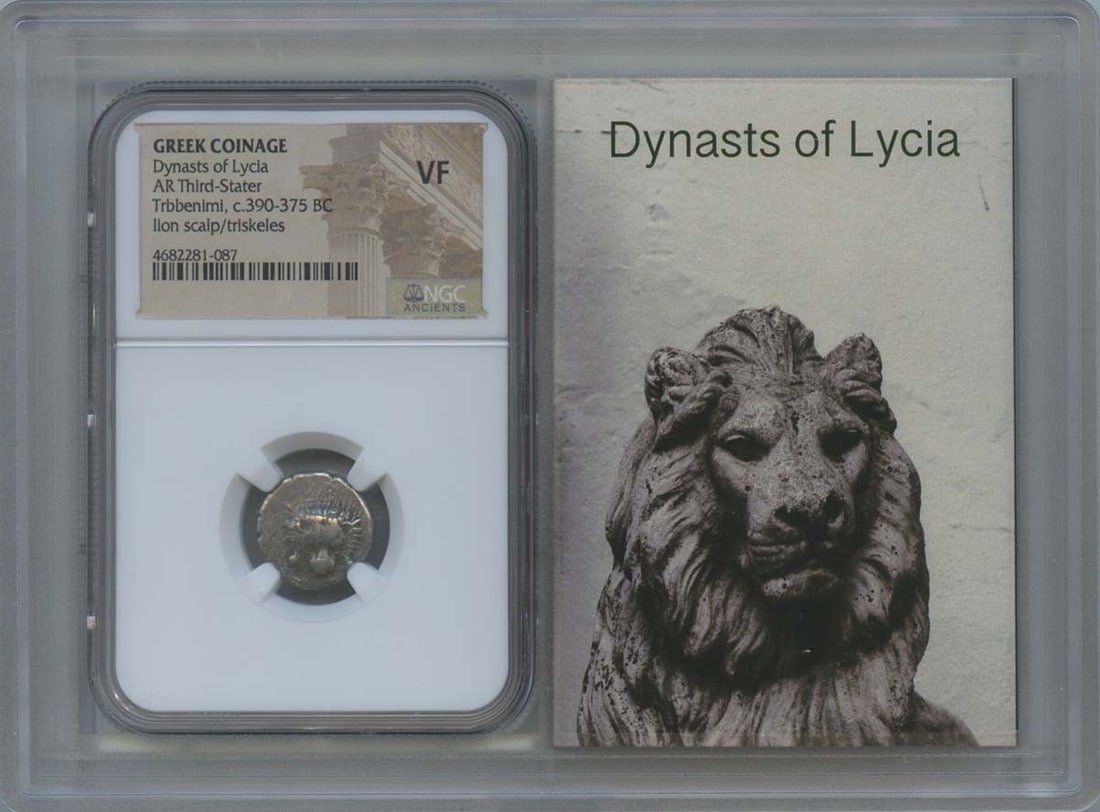 Ancient Greek Lycia Trbbenimi Third Stater c390-375 BC NGC VF35: Ancient Greek Lycia Trbbenimi Third Stater c390-375 BC NGC VF35 This ancient Greek coin, known as a Third Stater from the Dynasts of Lycia, dates back to circa 390-375 BC. It has been certified by NGC