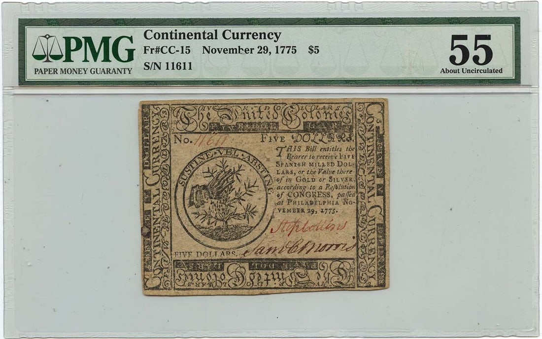 1775 $5 Continental Currency CC15 PMG AU55 Graded Note (1 of 2)