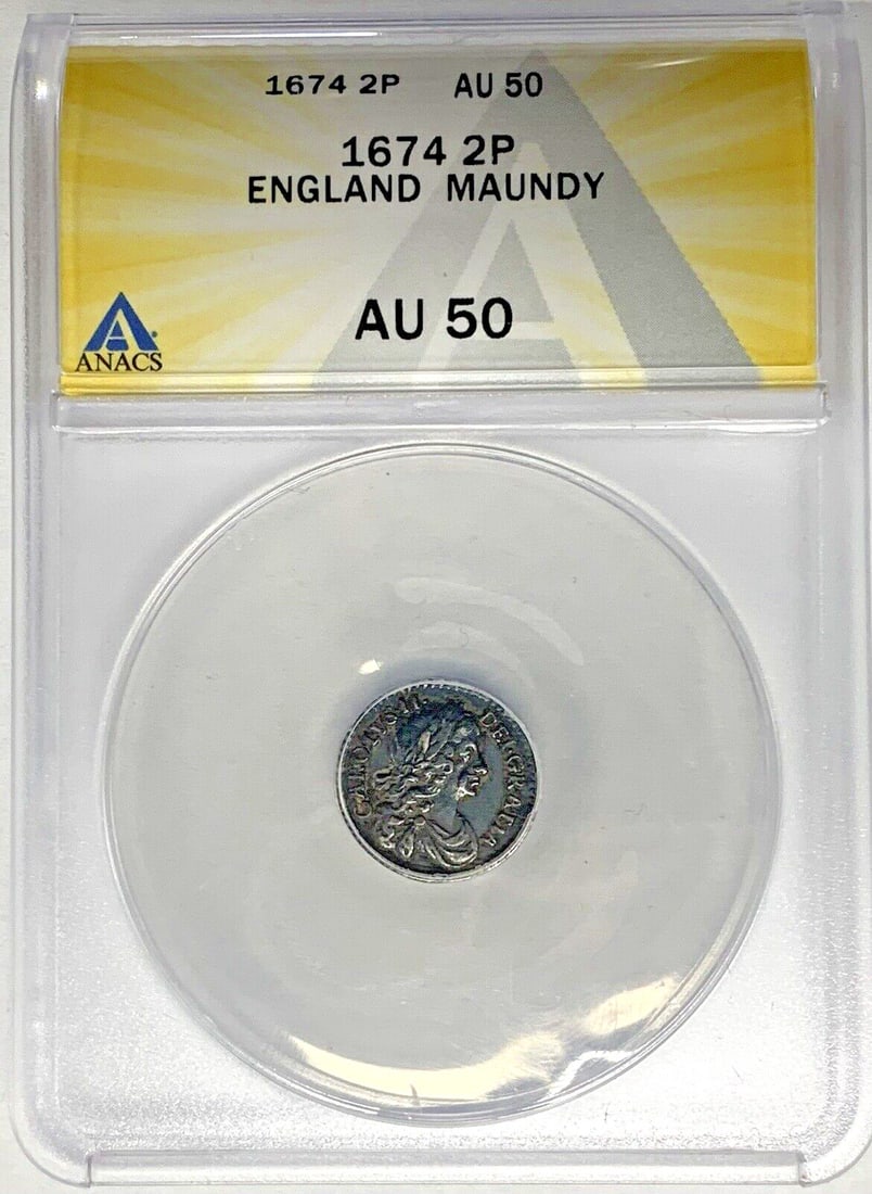 1674 England Maundy 2 Pence Silver Coin ANACS AU 50: 1674 England Maundy 2 Pence Silver Coin ANACS AU 50 This 1674 Maundy 2 Pence coin from England showcases historical significance and craftsmanship. It features a silver composition and is graded AU 50