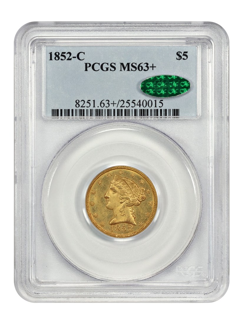 PCGS CAC MS63+ 1852-C Liberty Head $5 Gold Half Eagle from Charlotte Mint: PCGS CAC MS63+ 1852-C Liberty Head $5 Gold Half Eagle from Charlotte Mint This 1852-C Liberty Head $5 Half Eagle is a desirable Charlotte Mint gold coin certified by PCGS with a grade of MS63+ and end