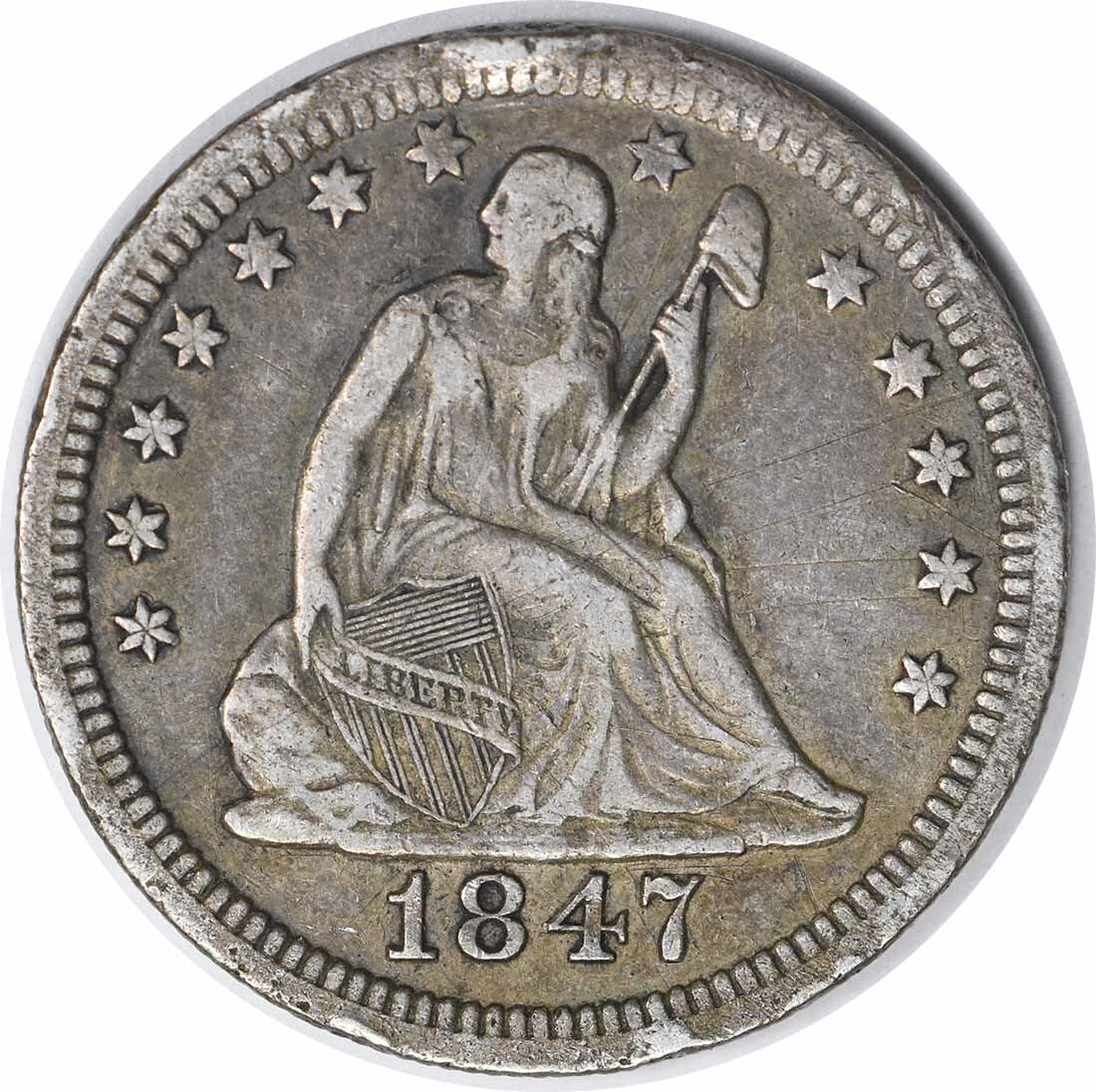 1847-O Liberty Seated Quarter VF 90% Silver Uncertified: 1847-O Liberty Seated Quarter VF 90% Silver Uncertified This 1847-O Liberty Seated Quarter is a remarkable piece for collectors, featuring a Very Fine (VF) grade condition. Struck at the New Orleans M
