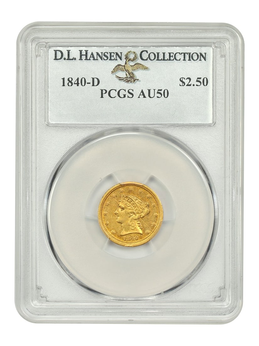 1840-D Liberty Head $2.50 PCGS AU50 Rare Gold Coin: 1840-D Liberty Head $2.50 PCGS AU50 Rare Gold Coin This 1840-D $2.50 Liberty Head coin is certified by PCGS with a grade of AU50, showcasing its attractive orange-gold hue and pleasing eye appeal. Min