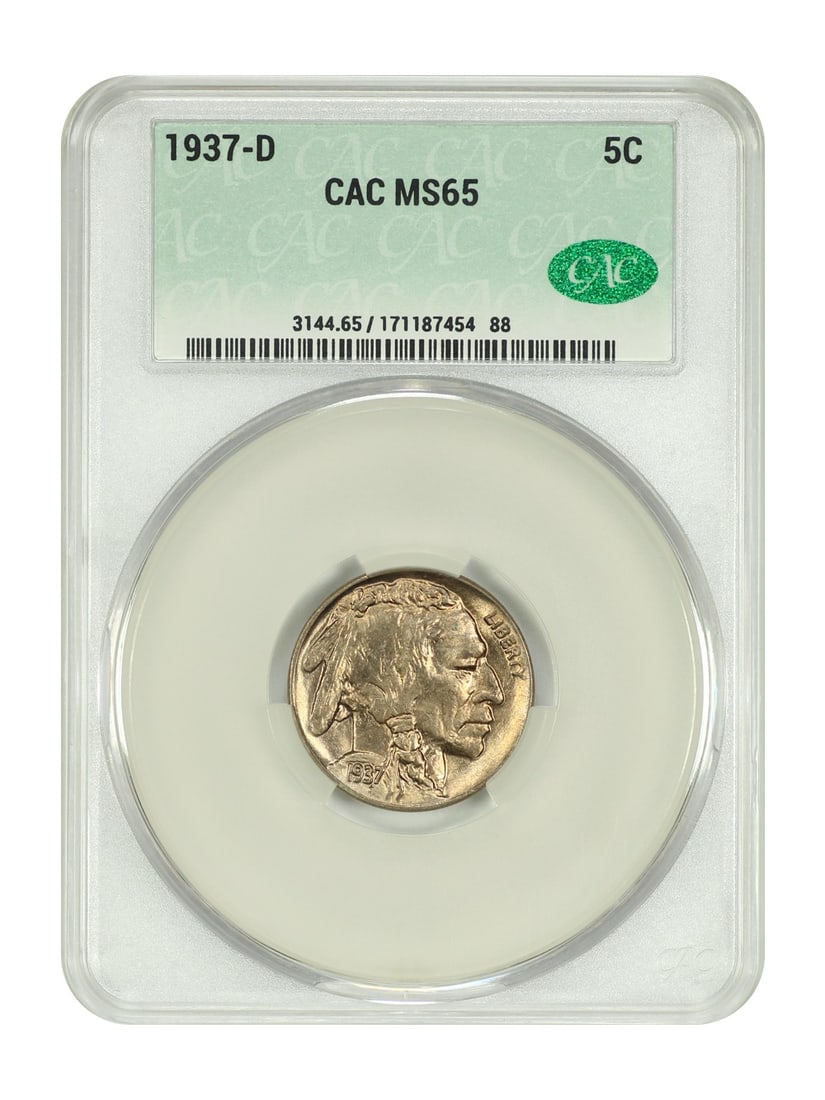 1937-D Buffalo Nickel CACG MS65 Uncirculated Coin: 1937-D Buffalo Nickel CACG MS65 Uncirculated Coin This 1937-D Buffalo Nickel, certified by CACG with certification number 171187454, showcases an impressive uncirculated grade of MS65. Minted in Denve