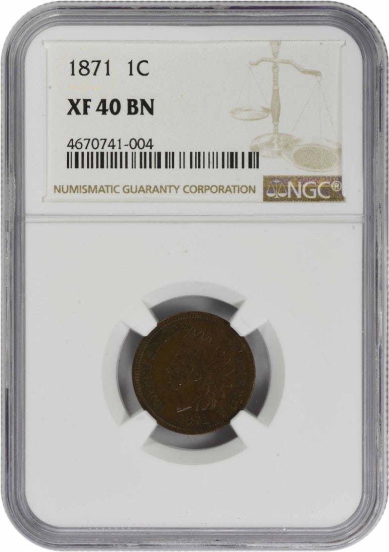 1871 Indian Head Cent XF40BN NGC Certified Copper Coin (1 of 2)