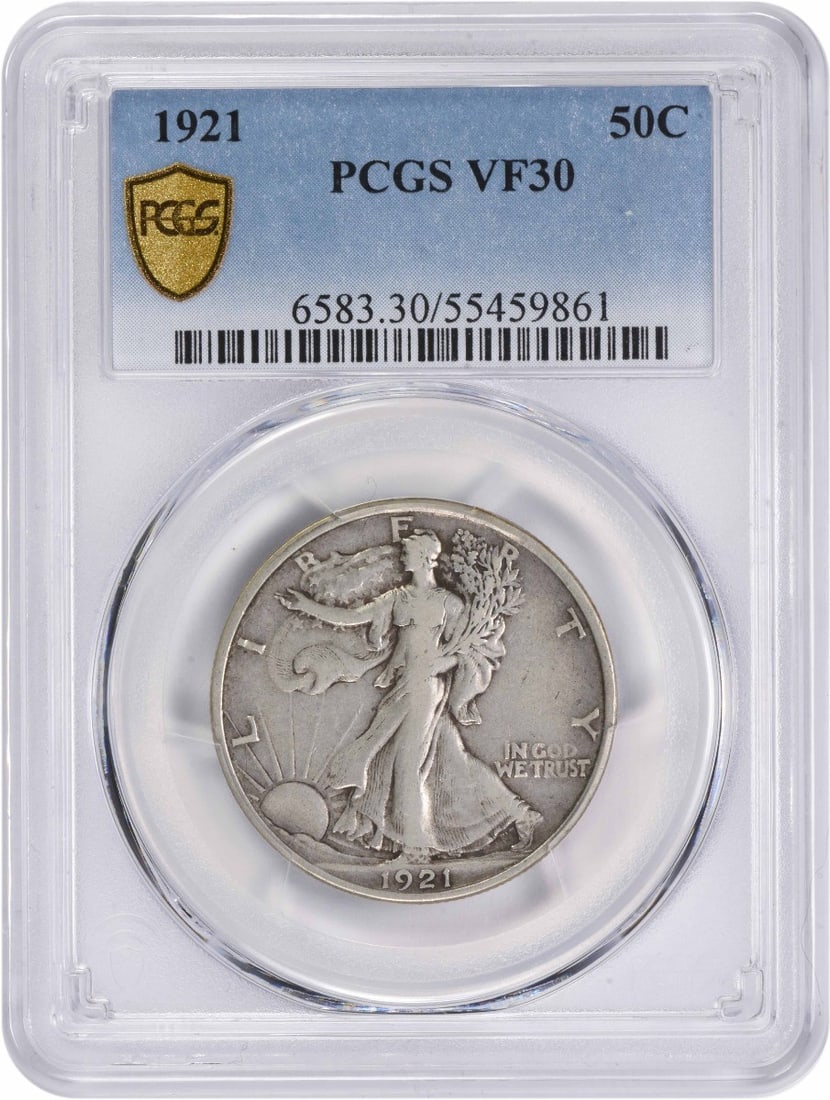 1921 Walking Liberty Silver Half Dollar VF30 PCGS Certified Coin: 1921 Walking Liberty Silver Half Dollar VF30 PCGS Certified Coin This 1921 Walking Liberty Silver Half Dollar is a beautifully circulated coin, graded VF30 by PCGS. Minted in Philadelphia, it features